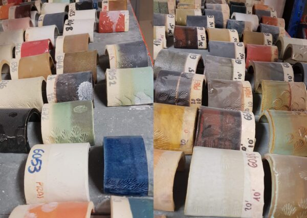Una colorida variedad de muestras apiladas de cerámica esmaltada, mostrando un espectro de tonos y texturas