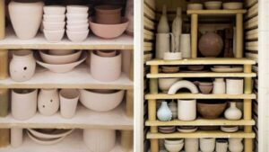 Dos imágenes que muestran una variedad de figuras de cerámica artesanal ordenadas en estantes dentro de un horno cerámico